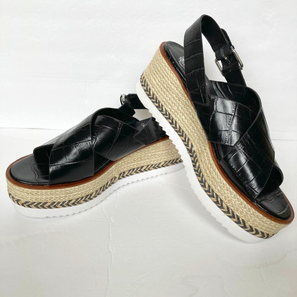 Vince Camuto Marietten Black Croc Leather 3” Espadrille Platform Sandals Sz 9.5M